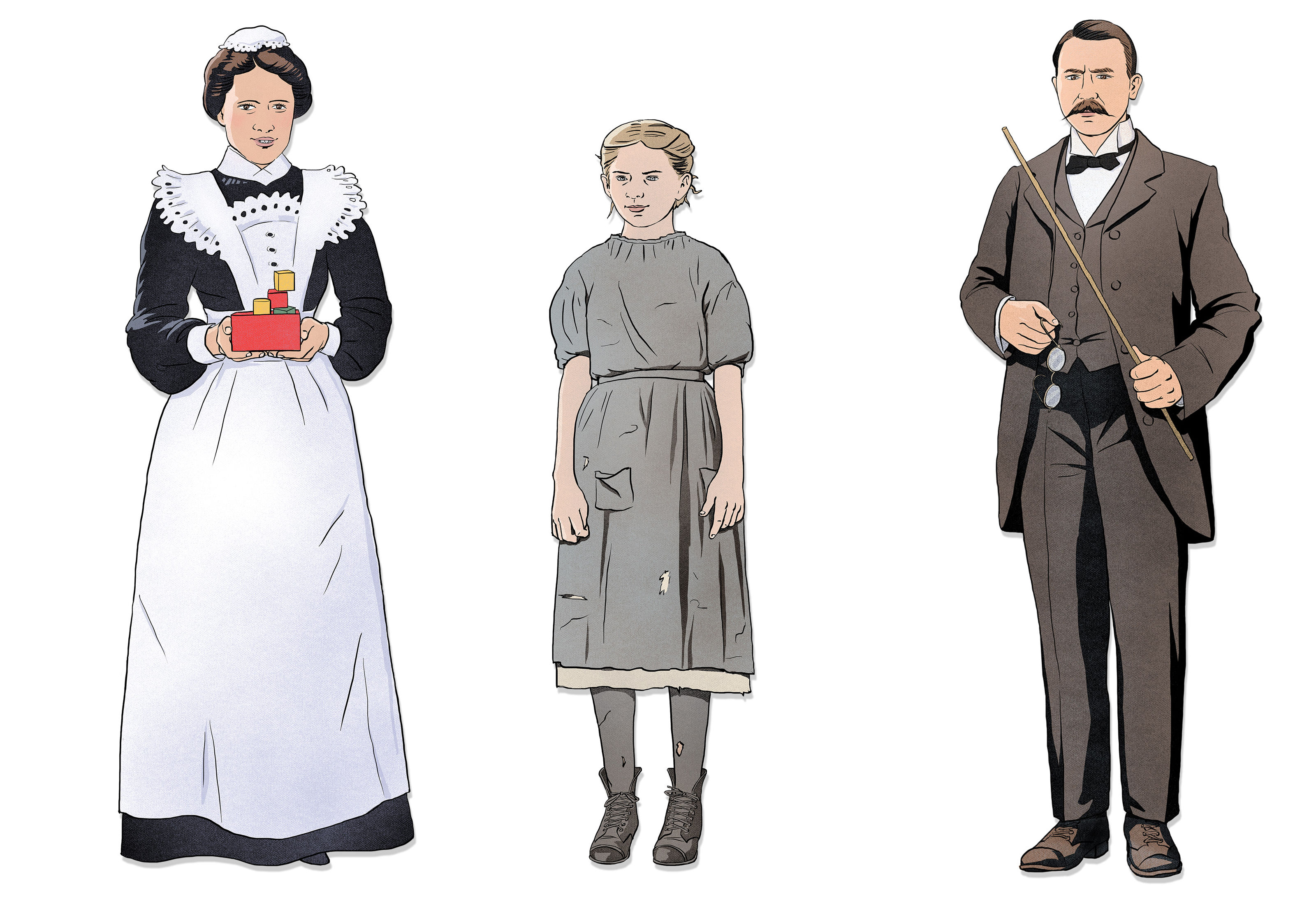 oculus-illustration-kindermuseum-figuren-comic-1900-kindermaedchen-fabrikarbeiterin-lehrer